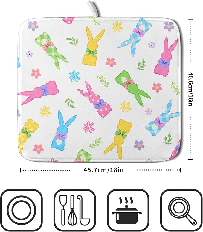 Easter Dish Drying Mat for Kitchen Counter Cute Bunny Floral Holiday Microfiber Absorbent Dish Draining Reusable Washable Foldable 16"x18"