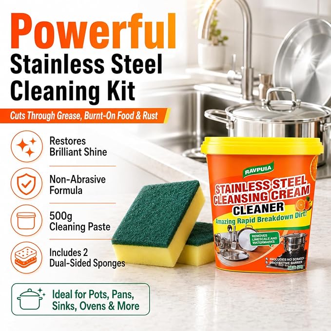 STAINLESS STEEL CLEANER & POLISH - Heavy Duty Cleaning Paste for Stove, Oven, Pans, Cookware, Sink | All Purpose Multi-Purpose Household Cleaner | Removes Grease & Stains | with 2 Sponges (500g)