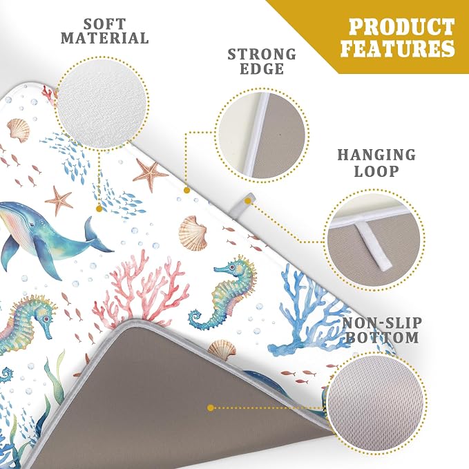 Giwawa Coastal Ocean Dish Drying Mat Seahorse Whales Drainer Rack Mats 18"x24" Absorbent Microfiber Dish Drying Pad Protector for Kitchen Counter
