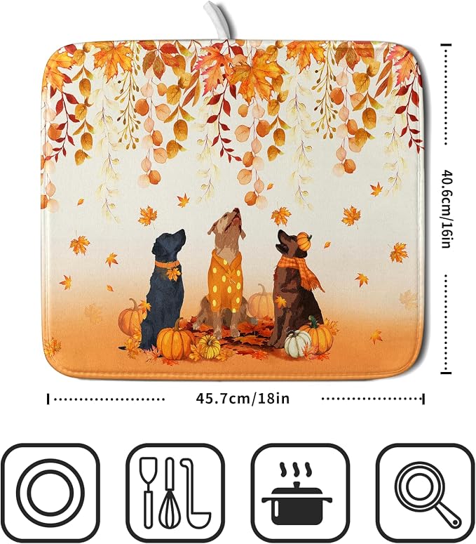 Giwawa Fall Dogs Dish Drying Mat Autumn Leaves Reusable Dishes Pad 16"x18" Holiday Microfiber Quick Dry Dish Drainer Rack Mat for Kitchen Counter