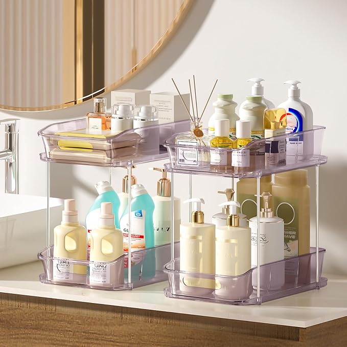 Delamu 2-Tier Under Sink Organizers and Storage, Multi-Purpose Stackable Bathroom Cabinet organizers, Pull Out Kitchen Pantry Organization and Storage with Dividers(2 Pack, Purple)