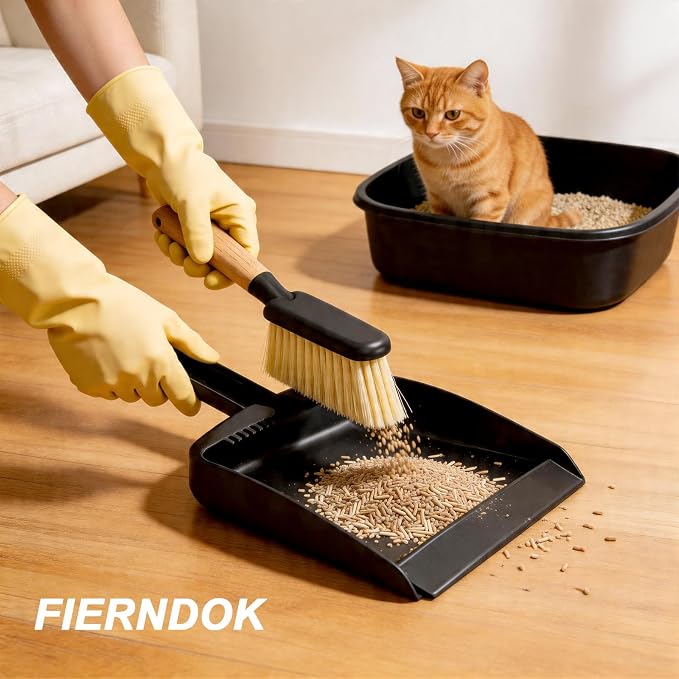 Mini Dustpan and Brush Set with Bamboo Handle, Black, 1 Set | Portable Multipurpose Broom Dustpan Set with Handle Teeth, for Desktops, Bedroom, Kitchen, Pet Care, Camping