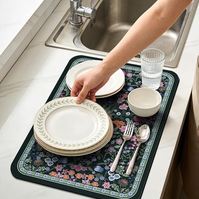 Dish Drying Mat for Kitchen Counter 17x32 Inch, Boho Quick Dry Coffee Mat | Made of super absorbent diatomite that quick dries dishes, coffee machine & sink area. Non-slip rubber base for countertop