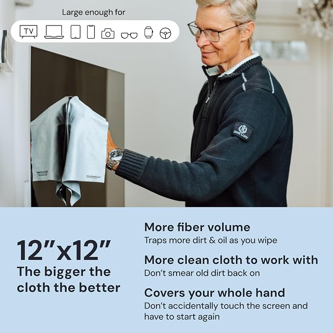 Elite Tech Gear Microfiber Cleaning Cloths for Glasses & Screens, 4-Pack | Black - Large 12"x12" - Streak-free - Safe for Delicate Lenses - Washable - Clean Glasses, TVs, Phones, DSLR & Coated Lenses