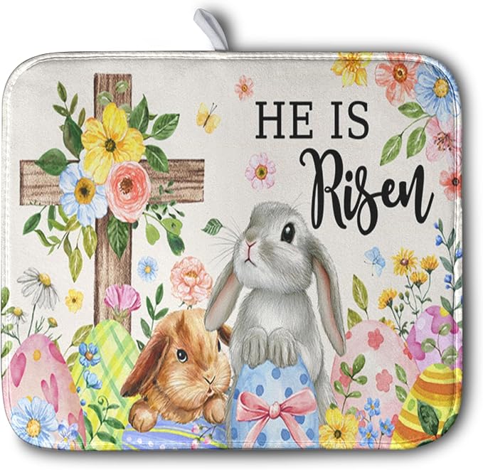 He is Risen Easter Dish Drying Mat for Kitchen Counter Bunny Floral Cross Dish Drainer Mats Spring Rabbit Flowers Egg Dish Drying Pads Absorbent Microfiber Reusable Dish Rack Mat 16x18 Inch