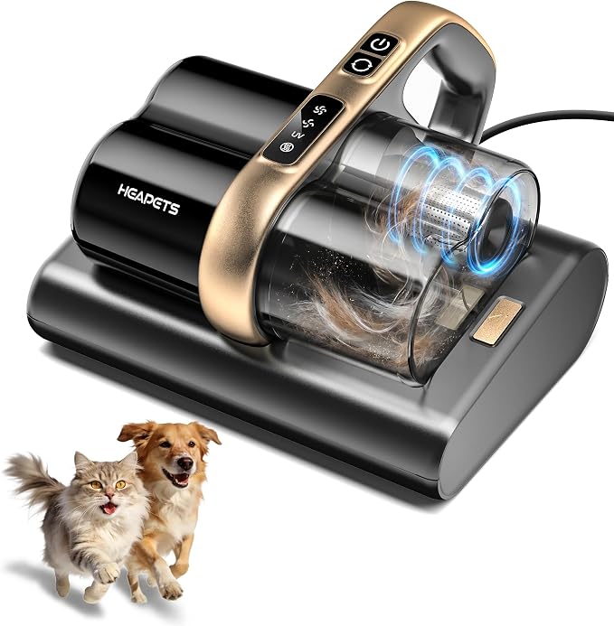 HEAPETS Mattress Vacuum Cleaner, 16Kpa Bed Vacuum with 275nm UV-C Light & 149℉ Heat & Ultrasonic, Dual High-Speed Roller Brushes & H13 HEPA Filter for Pet Hair, Bed, Sofa, Couch, Corded Black