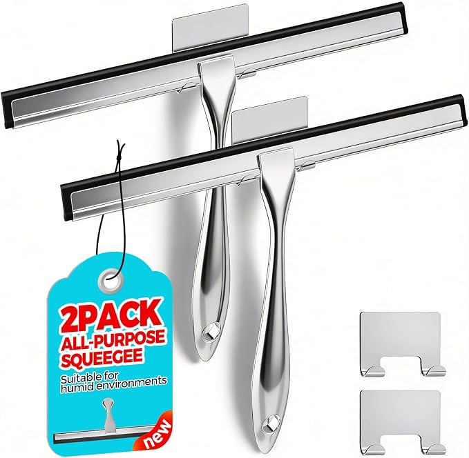 ALFLOD 2pcs Shower Squeegee for Glass Doors with Adhesive Hanging Hook Set | 12” silver, bathroom accessories, window cleaner, new home essentials, soft rubber blade, metal handle, ergonomic grip