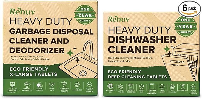 Renuv® Garbage Disposal Cleaner + Dishwasher Cleaner Bundle | Heavy Duty Kitchen Appliance Deep Cleaning, Descaling and Deodorizing, 12 Tablets of each
