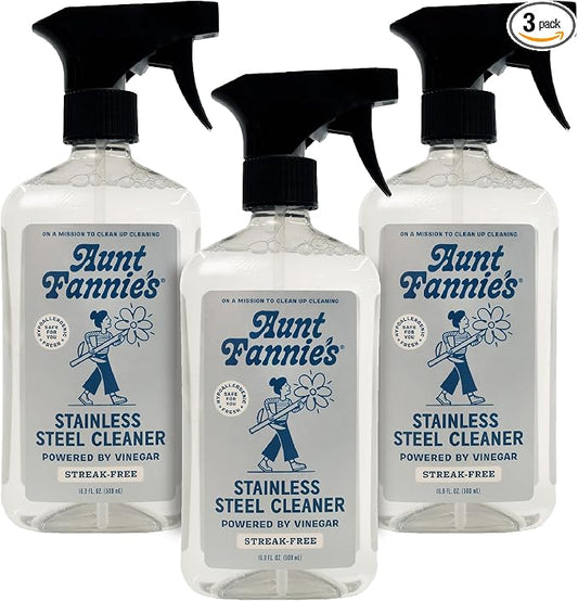 Aunt Fannie's Stainless Steel Spray Cleaner, Powered by Vinegar, Fingerprint and Residue Remover for Refrigerator, Dishwasher, Oven, Grill, Sink, Stovetop, and Other Appliances, Pack of 3