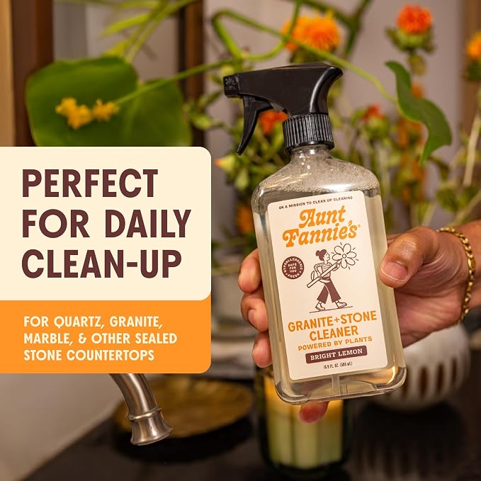 Aunt Fannie's Granite and Stone Cleaner, Plant Based Daily Countertop Spray for Granite, Stone, Marble, Soapstone, Quartz, Slate, Laminate, and other Sealed Stone, Bright Lemon Scent, Pack of 3