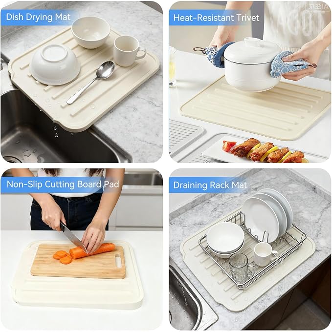 Silicone Dish Drying Mat, Drainage Spout, Extra Thick | Extra Thick 1.1" Silicone Mat , Drainage Spout , Heat Resistant Counter Protector , Sink & Coffee Station Use