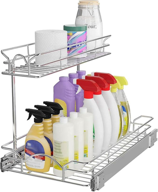 OCG Under Sink Cabinet Organizer Two Tier Pull Out Shelf (14.75W x 17D), Under Sink Sliding Shelf for Kitchen Bathroom Cabinet 2 Tier Chrome