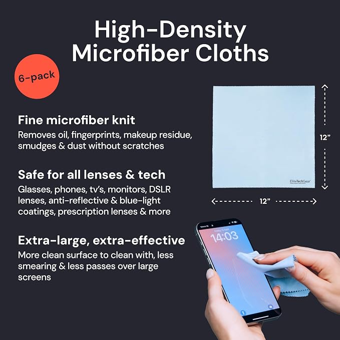 Elite Tech Gear Microfiber Cleaning Cloths for Glasses & Screens, 6-Pack | Blue - 5-pc 6"x7" and 1-pc 12"x12" - Streak-free - Safe for Delicate Lenses - Clean TVs, Phones, DSLR & Coated Lenses