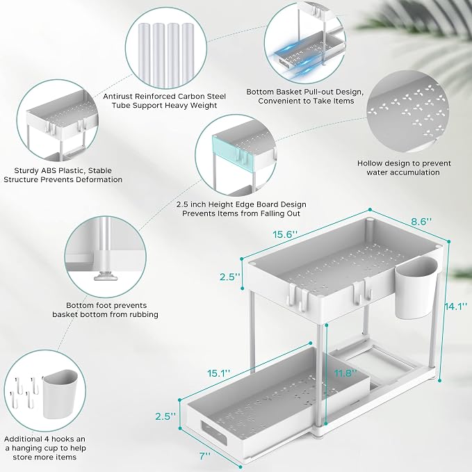 2 Pack Under Sink Organizer with Pull-Out Drawer, White | 2-Tier Cabinet Storage, Kitchen & Bathroom, Tool-Free Assembly, Fits Cleaning Supplies & Toiletries, Space Saving