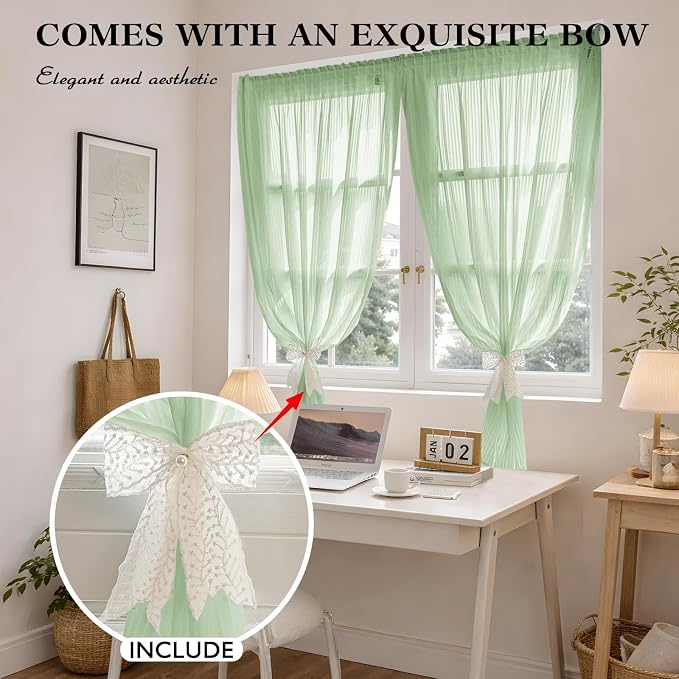 JILRON Self Adhesive Sheer Window Curtains Light Filtering Privacy Screen No Drilling for Rental Temporary Use-Sage Green(W 39*L 84in)