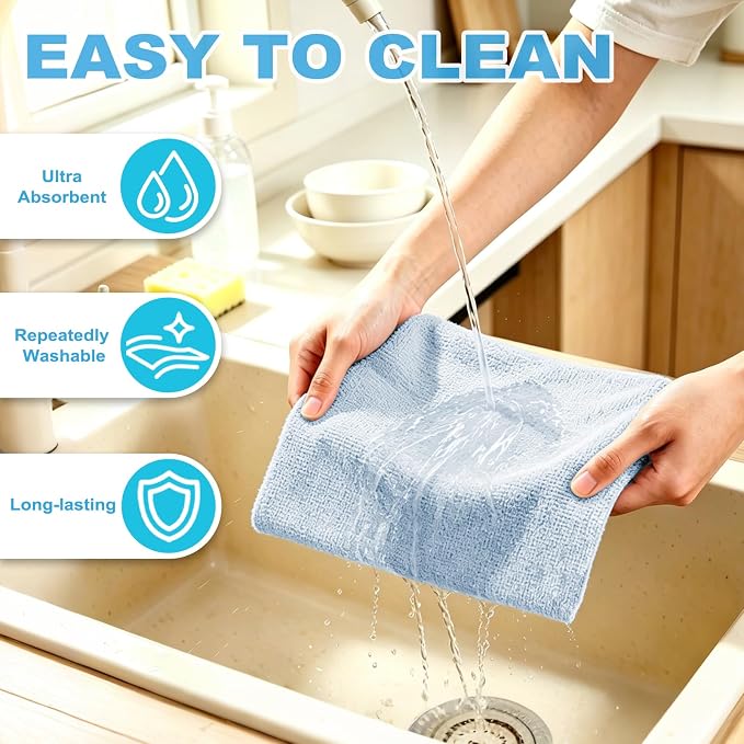 Puomue 55 Pack Microfiber Cleaning Cloth Roll, Tear Away Reusable Towels, 11" X 9", Ultra Absorbent & Lint Free Microfiber Cloth for Cleaning Cars, Kitchen, Window, and Shop (Light Blue, 9"X11"-55PK)