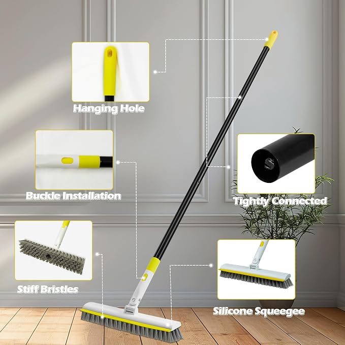 Floor Scrub Brush with 180° Rotating 50" Long Handle for Cleaning, 2 in 1 Scrape Scrubber Brush with Squeegee, Tile Tub Scrub Brushes Attachment for Clean Bathroom Deck Kitchen and Floor Wall