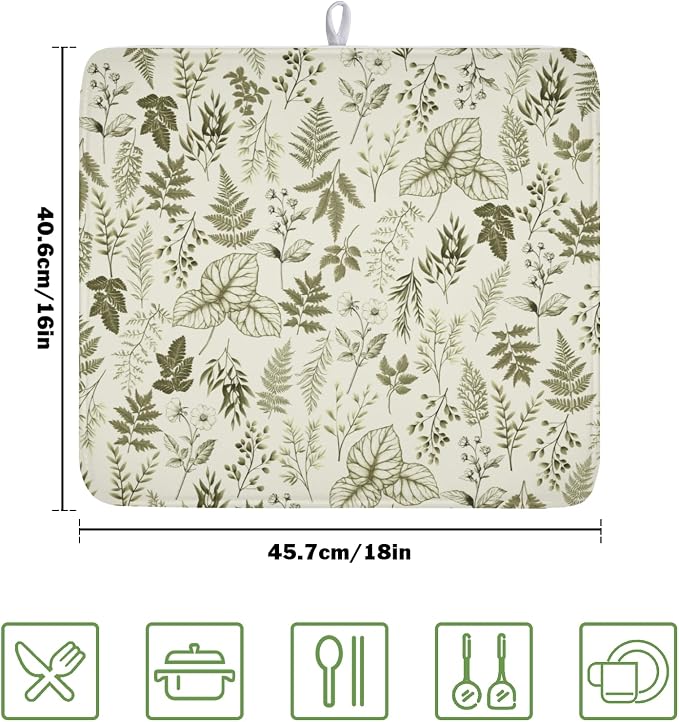 Vintage Botanical Floral Dish Drying Mat for Kitchen Counter Sage Green Herbs Fern Leaves Plant Microfiber Dish Drainer Mat Absorbent Washable Drying Pad 16"x18"
