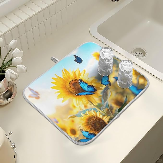 Blooming Sunflowers Blue Butterfly03 Dish Drying Mat for Kitchen Counter Absorbent Microfiber Large Drying Pad Dish Mats for Kitchen Countertops 18 x 24 Inch