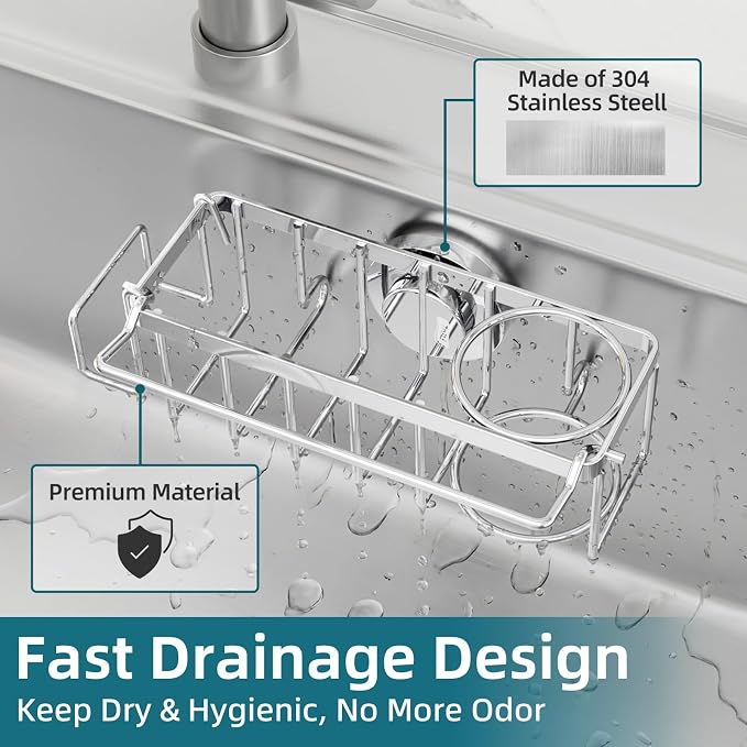 TAILI 4-in-1 Sink Caddy with Strong Suction Cup, Sponge Holder for Kitchen Sink Organizer, Removable, Rustproof, Stainless Steel Holder for Sponge, Brush, Scrubber, Scraper - Silver