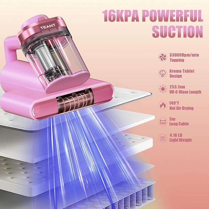 Teant Mattress Bed Vacuum Cleaner, 16 kPa Suction & 253.7nm UV-C, MV-Pink | 2-Speed Mattress Vacuum with 33000 RPM Tapping, UV-C, Ultrasonic, 149℉ Heat, Anion, HEPA, Deep Clean for Bed and Pet Hair