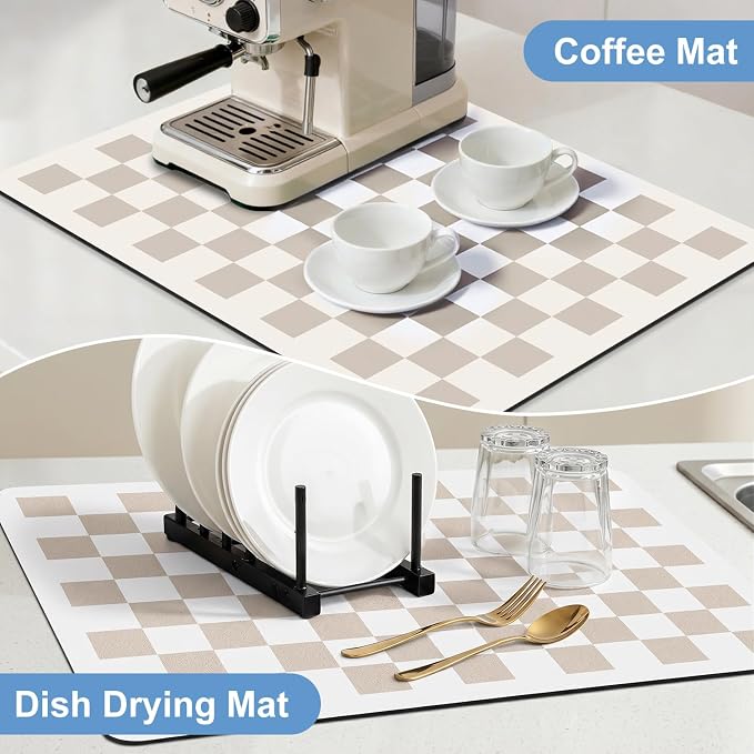Clinuse Coffee Mats, 24"x16" Checkered Dish Drying Mat for Kitchen Counter, Quick Dry Mat, Diatomite Absorbent Aesthetic Large Drying Mats for Coffee Bar - Khaki White