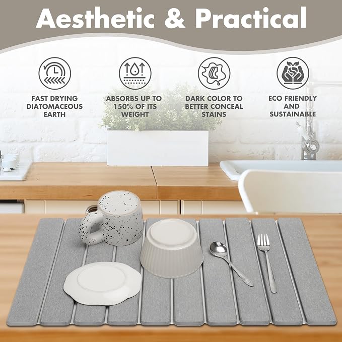 Large Stone Dish Drying Mat for Kitchen Counter, Eco-friendly, Instant Drying Pad,Diatomaceous Earth Water Absorbing Mat, Foldable and Super Absorbent Dish Drying Stone Mat, 24"×16", Light Gray