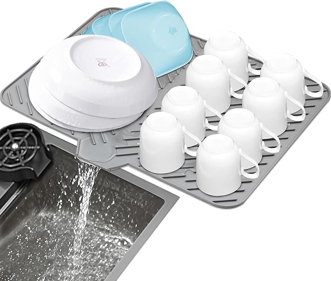Luxet Silicone Dish Drying Mat with Built-in Drain Lip - Hygienic Drying Pad - Sturdy Compact Easy to Clean Tray Protects Surfaces Prevents Water Build Up - 23 X 17 (Grey)
