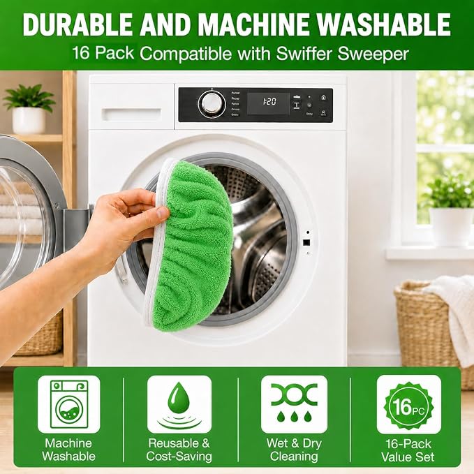 16 Pack Reusable Microfiber Mop Pads Compatible with Swiffer Sweeper, Washable Wet & Dry Mopping Pad Refills for Hardwood, Pet Hair, Laminate, Marble, Multi-Surface Floor Cleaning