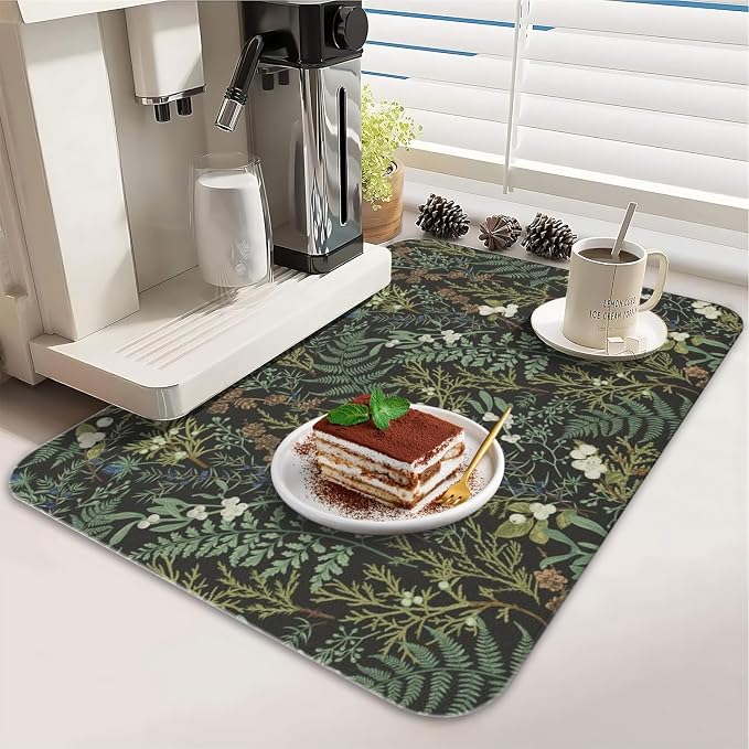 Dish Drying Mat 2-Pack with Botanical for Kitchen Counter Absorbent Dishes | Diatom Mud Mats (18x24, 19.5x12"). Non-slip rubber back for kitchen counter, coffee bar & sink scenes