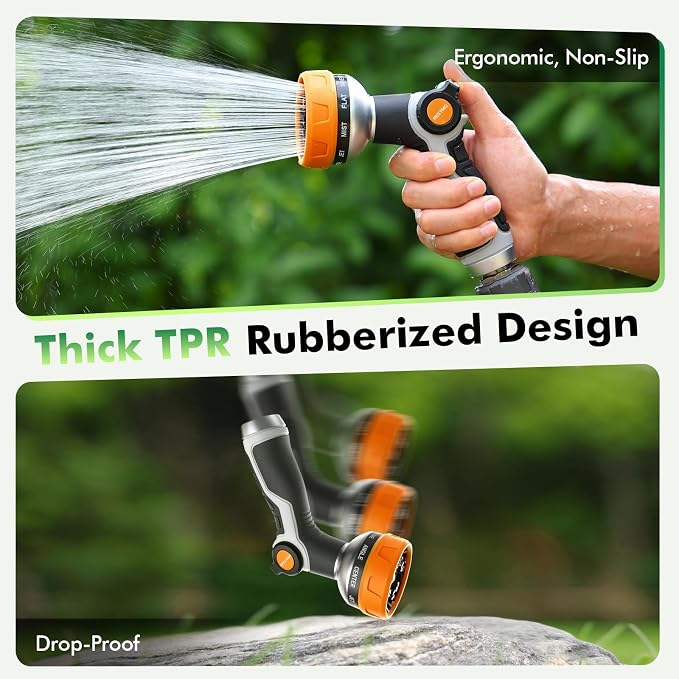RESTMO 10-in-1 Water Hose Nozzle, Garden Hose Sprayer for Outdoor | 10 Spray Patterns, Lightweight, Thumb Control for Flow Adjustment, Ideal for Watering Plants & Lawns, Cars & Pets, Orange