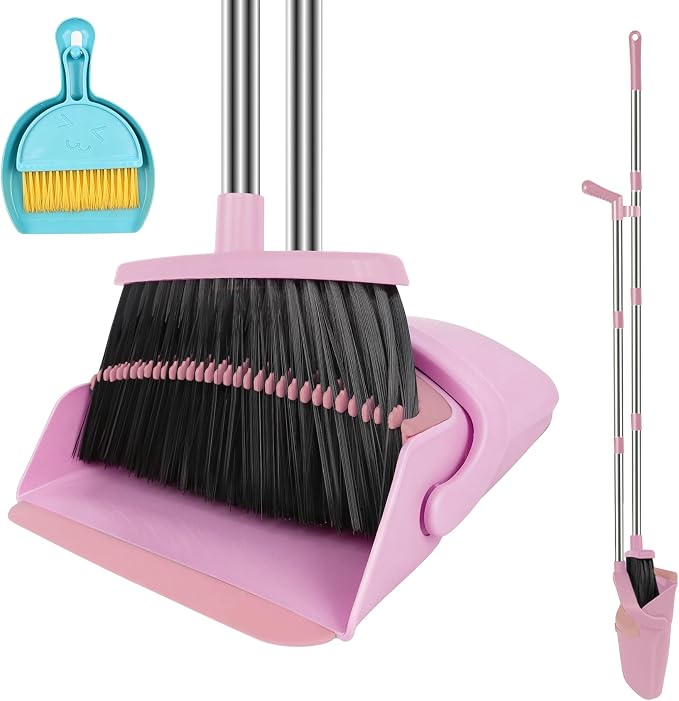 Pink Broom and Dustpan Combo Set, 51" Long Handle Broom with Mini Set | Mini Set for Tables, Kitchens & Tight Spaces, Built-in Comb Dustpan, Foldable Space-Saving Storage, Multi-Surface Use