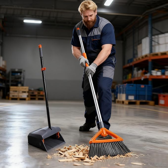 CLEANHOME Heavy Duty Broom with Dustpan Combo Set, Grey | Indoor and Outdoor,Stiff Bristle, Commercial Angle Broom and Standing Dust Pans, Long Handle ,for Sweeping Home,Kitchen,Yard