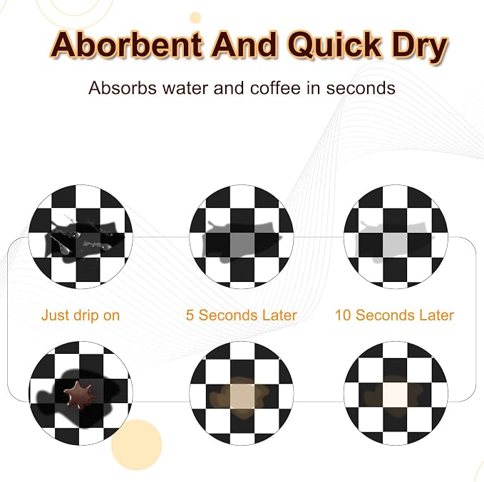 Dish Drying Mat for Kitchen, 16'' x 24'' Coffee Bar Mat for Countertops, Checkered Coffee Station Mats with Non-slip Rubber Backed, Absorbent Dish Dying Mat for Kitchen Counter, Black & White