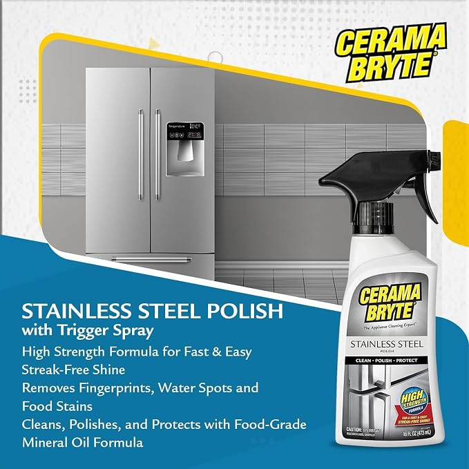 Cerama Bryte Stainless Steel Cleaner & Polish, 16 oz with Cloth