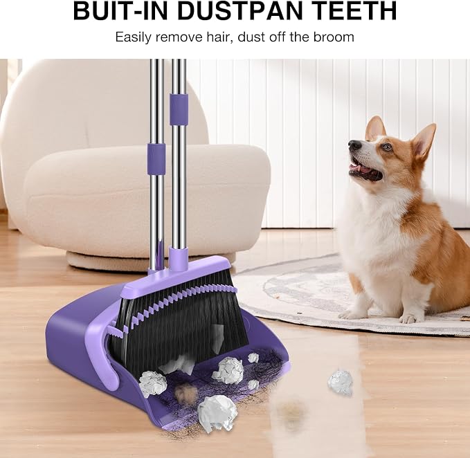 NACENA Broom and Dustpan Set, 52-in Long Adjustable Handle Broom Dustpan Combo with Dustpan Teeth to Automatically Clean Hair Suitable for Home Kitchen Office Hall Floor (Purple), 4 Pack