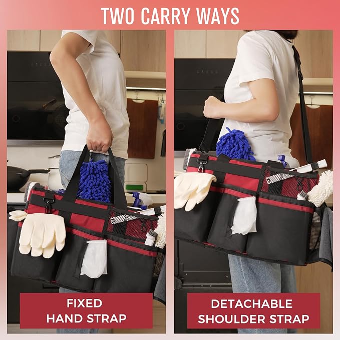 SCAVATA Wearable Cleaning Caddy, Cleaning Caddy Supplies Organizer with Handle & Shoulder Straps for Housekeepers, Under Sink & Car Cleaning Tool Organizers Bag with 4 Foldable Divider (Wine)