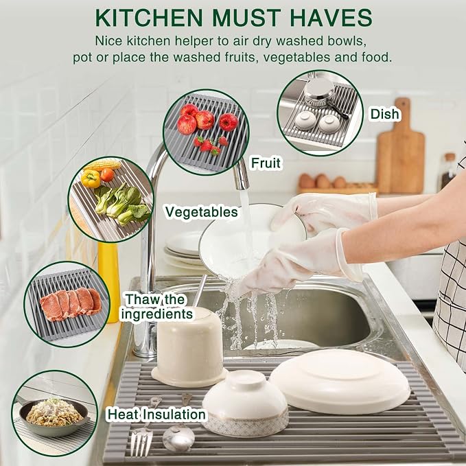 HANZENMA Roll Up Dish Drying Rack Over The Sink Kitchen Roll Up Sink Drying Rack Multipurpose Foldable Sink Drying Mat, Heat-Resistant, Anti-Slip & Anti-Rust Dish Rack for Kitchen, 20.5" x 13", Grey