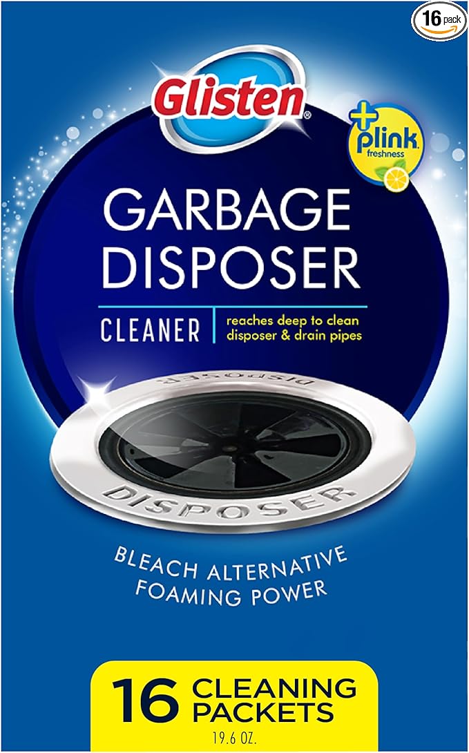 Glisten Garbage Disposer Cleaner and Freshener with Foaming Action, Helps Remove Buildup in Drains, Lemon Scent, Made in the USA, 16 Packets (Packaging May Vary)
