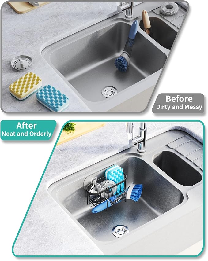 HapiRm Multifunctional Sponge Holder with Unique M-Shaped, 2 Installation Methods Kitchen Sink Caddy Organizer, Rustproof Stainless Steel Kitchen Organizers and Storage Essentials - Black