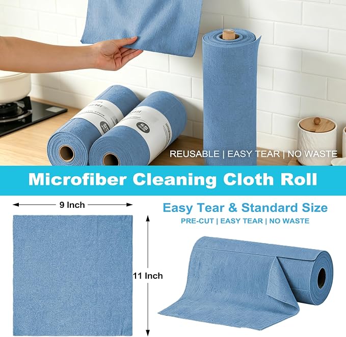 Puomue 55 Pack Microfiber Cleaning Cloth Roll, Tear Away Reusable Towels, 11" X 9", Ultra Absorbent & Lint Free Microfiber Cloth for Cleaning, Kitchen, Window, and Shop (Navy Blue, 9”X11”-55PK)