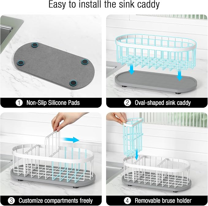 Sponge Holder for Kitchen Sink with High Brush Holder, [Stay-Dry Anywhere & No Drainage Needed] Rustproof Stainless Steel Kitchen Sink Caddy Organizer with Water Absorbing Stone Tray, White