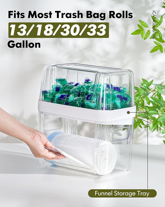 iCASA Trash Bag and Dishwasher Pod Dispenser - 3 in 1 Clear Storage Bins Holder for 13/30/33 Gallon Garbage Bags, Laundry Detergent Pods & Tabs, Under Sink Organizer for Kitchen and Laundry Room