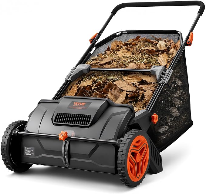 VEVOR Push Lawn Sweeper, 21inch Leaf & Grass Collector, Heavy Duty Thickened Steel Durable to Use with Large Capacity 3.5 cu. ft. Mesh Collection Hopper Bag, 2 Spinning Brushes | Adjustable Brush Height & 2 Spinning Brushes, Manual Yard Sweeper for Lea...