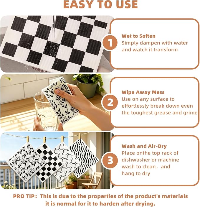 4 PCS Swedish Dishcloths, Geometric Pattern Reusable Kitchen Dish Cloths, Super Absorbent Cellulose Sponge Cloths, Odor Resistant, Dishwasher Safe & Multi-Purpose Cleaning Cloths