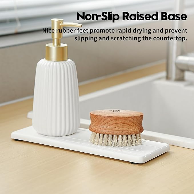 3 Pack Stone Drying Tray, Water Absorbing Stone Sink Mat for Kitchen & Bathroom Counter, Diatomite Soap Dish Vanity Caddy, Sponge Holder Organizer, White - 2pcs of 4.5"x 3.5" and 1pc of 9"x 3.5"