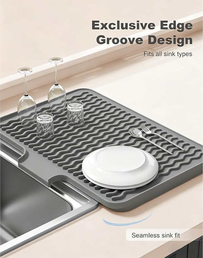 Rnivvi Silicone Dish Drying Mat for Kitchen Counter, 16 x 12" Fast Drainage Dish Rack Pad Drying Mats, Non-Slip Countertop Protector Heat Resistant Trivet, Easy to Clean Sink Drip Pad for Dishes, Gray