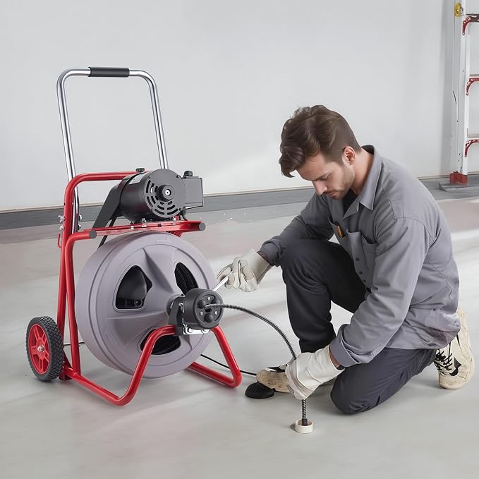 VEVOR Drain Cleaner Machine 75 FT x 1/2 Inch, Auto Feed Sewer Snake Drain Auger on Wheels, Portable Drain Cleaning Machine with 8 Cutters & Air-Activated Foot Switch for 2" to 6" Pipes