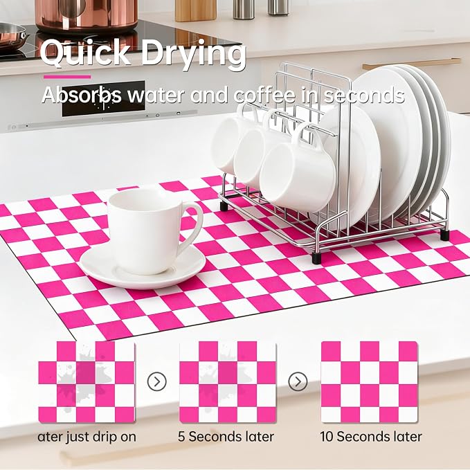 Checkered Dish Drying Mat for Kitchen Counter 24x16 Inch | Super Absorbent Microfiber Resistant Mat, Reusable Place Mats,Aesthetic Coffee Car Accessories,Office Desk Pad Protector