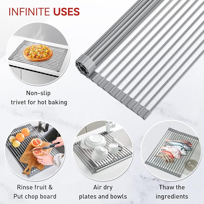 MERRYBOX Roll Up Dish Drying Rack, Over The Sink Dish Rack Foldable, Heat-Resistant, Anti-Slip Silicone Coated Steel Dish Drainer for Kitchen Sink, Multipurpose Roll Up Sink Drying Rack, 17.5" x 13"